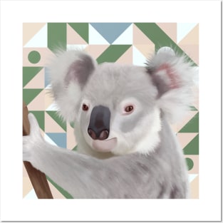 Fluffy Koala With Geometric Background Posters and Art
